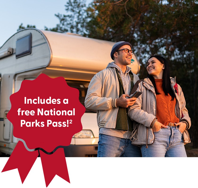 couple looking at sunset leaning against their RV