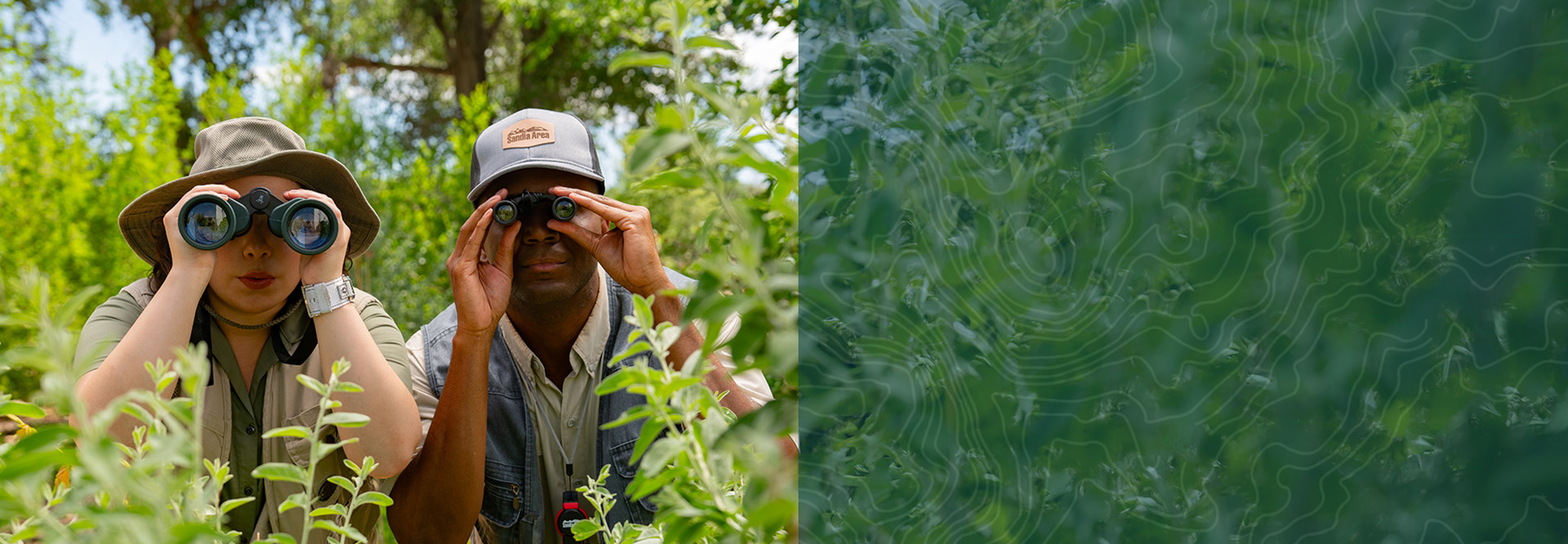 two bird watchers looking through binoculars