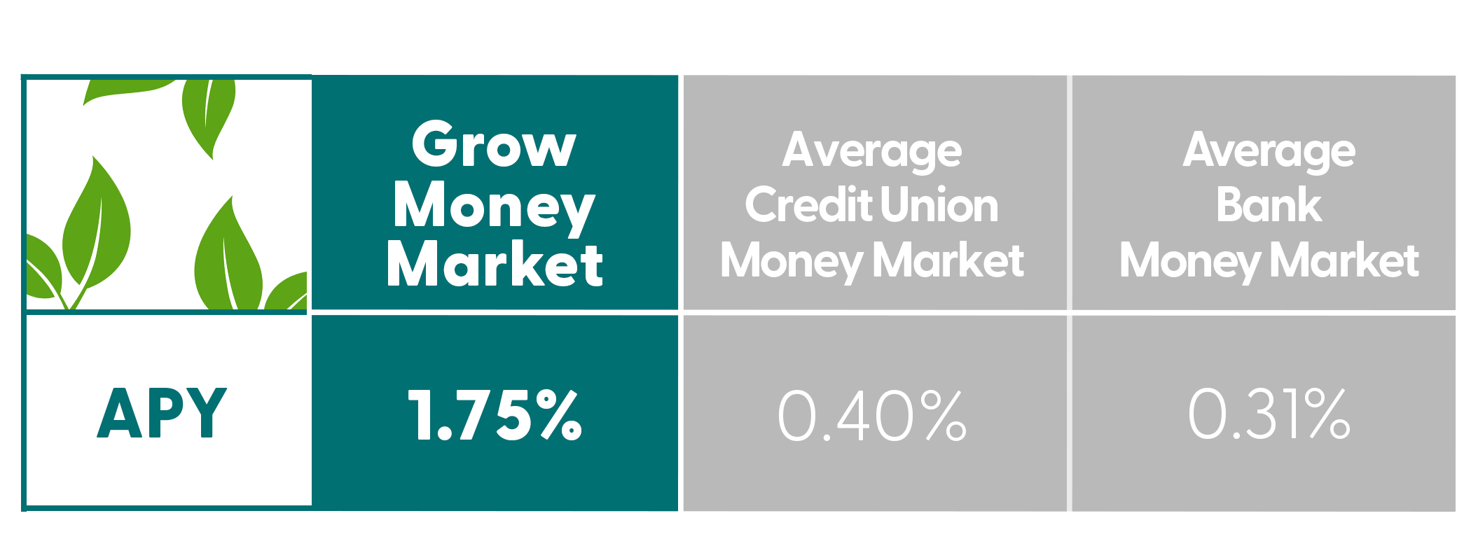 Earn 1.00% APY with the Sandia Area Grow Money Market Account! Compare to the National Average and see how you can start saving today.