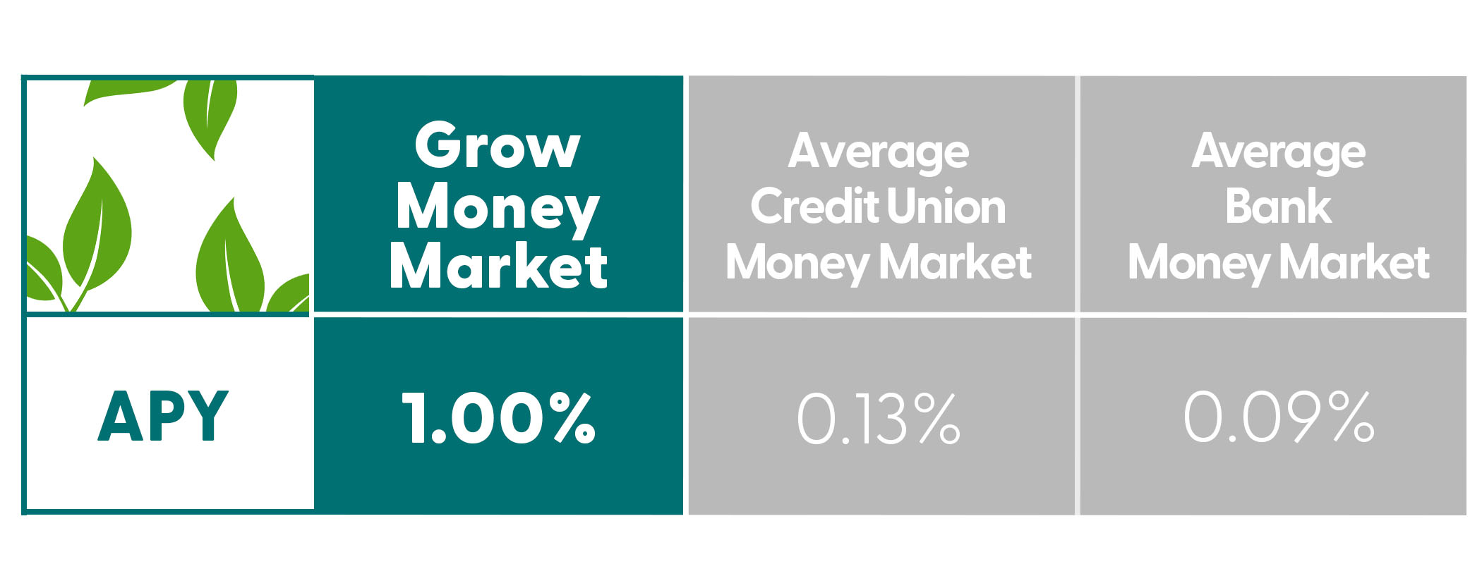 Earn 1.00% APY with the Sandia Area Grow Money Market Account! Compare to the National Average and see how you can start saving today.