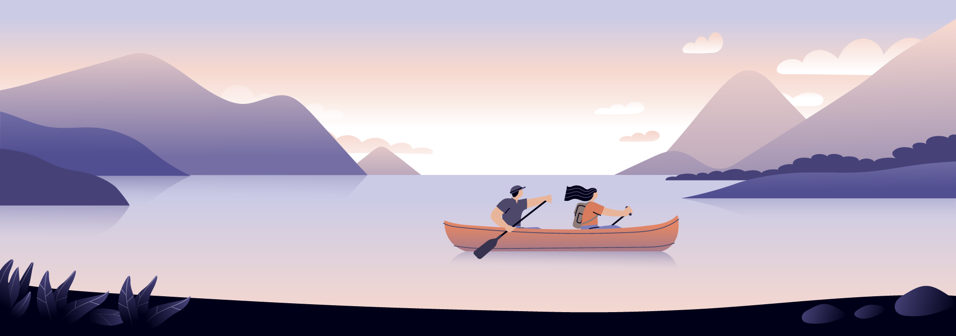 cartoon of man and woman kayaking on water with mountains
