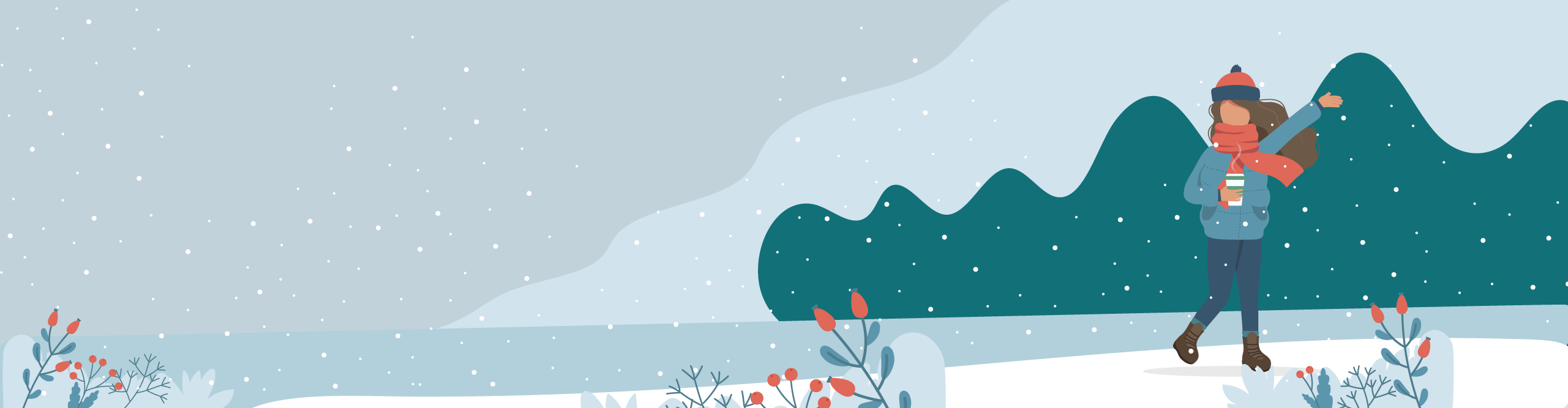 winter cartoon landscape with a woman bundled up