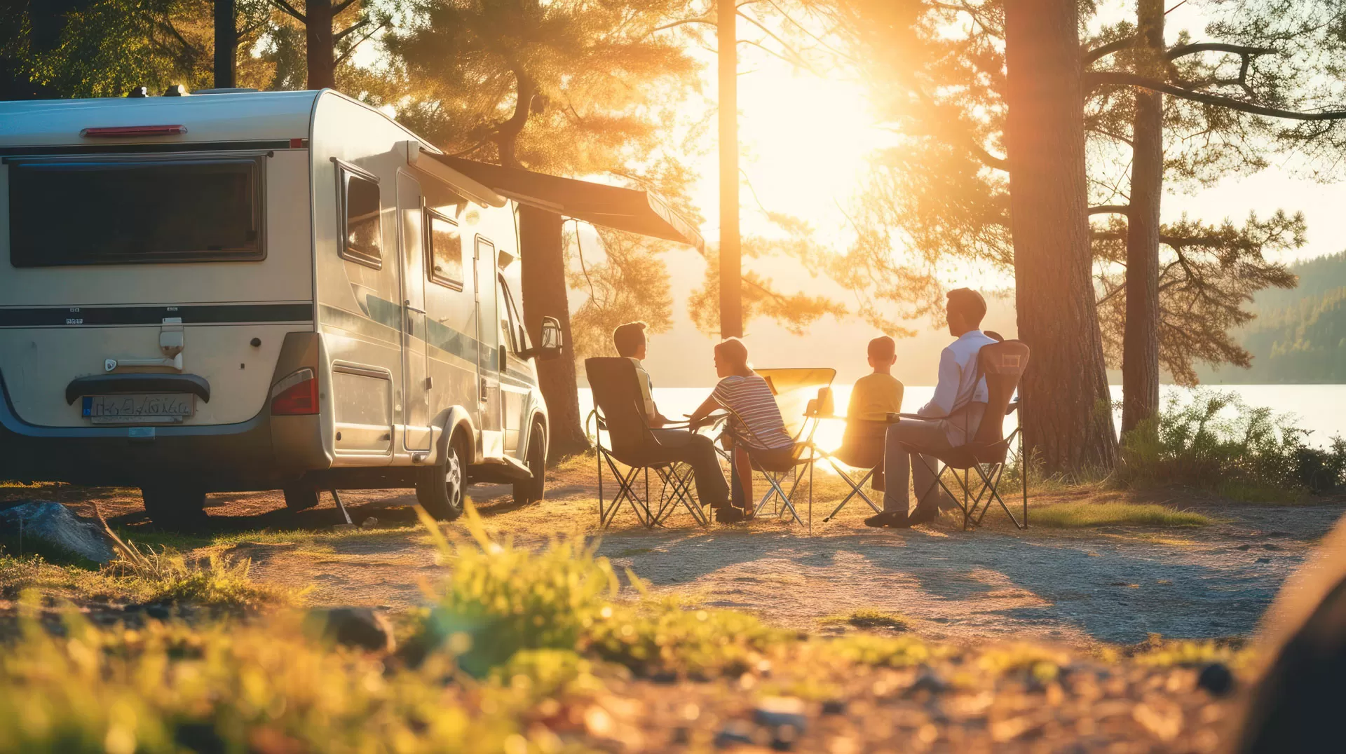 Happy family camping, sitting next to their RV at sunset in the forest