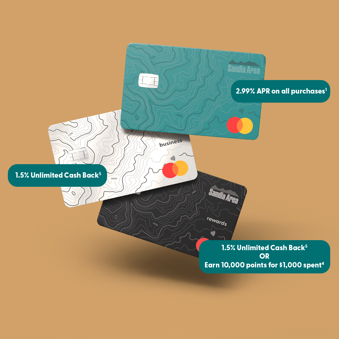 3 credit cards stacked with rewards benefits that say "2.99% APR on all purchases." "1.5% unlimited cash back." "Earn 10,000 points for $1,000 spent."