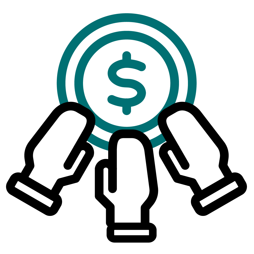 3 hands holding a coin black and teal icon