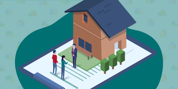 icon of people talking to realtor outside a house