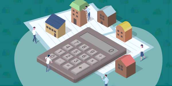 icon of small houses around a big calculator